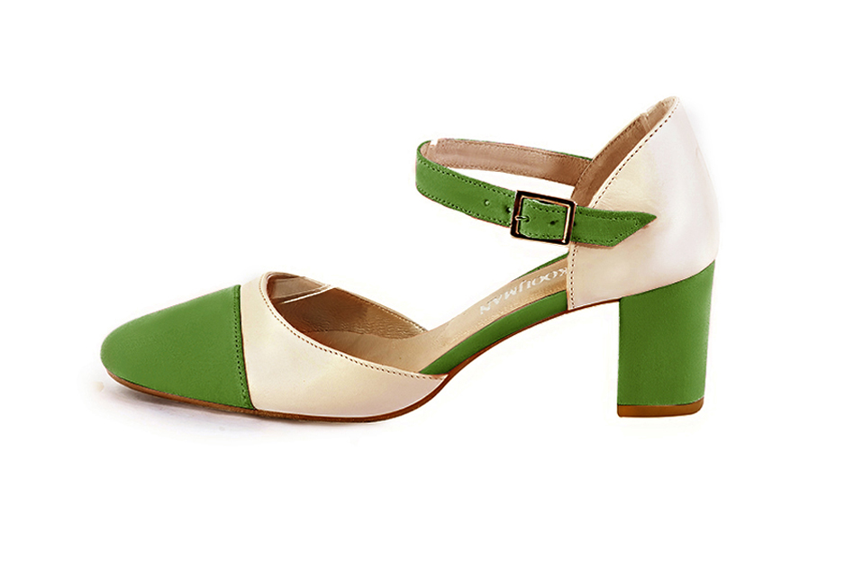 Grass green and champagne white open side elegant shoes, with an instep strap. Round toe. Medium block heels. - Florence KOOIJMAN